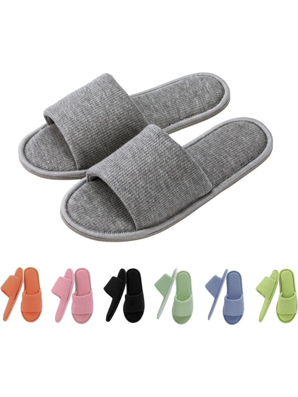 Women's Grey Waffle Fabric Memory Foam Cushioning Slip-On Open Toe Slippers